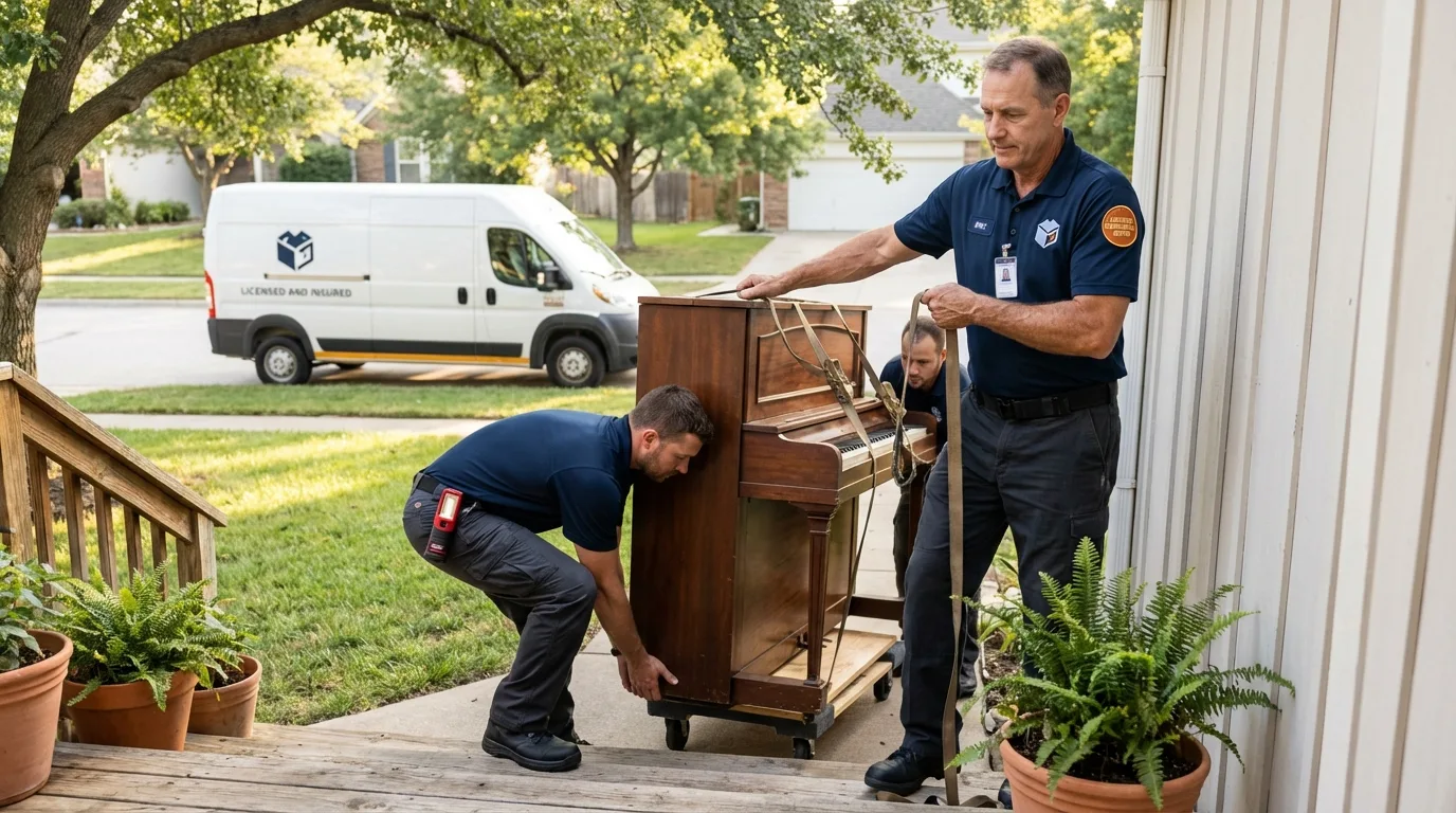 Licensed piano movers securing grand piano in Palmer, TX