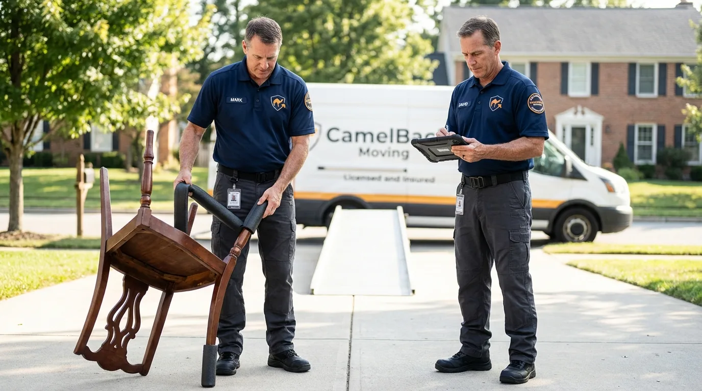 Movers inspecting furniture for damage prevention before loading in Palmer, TX